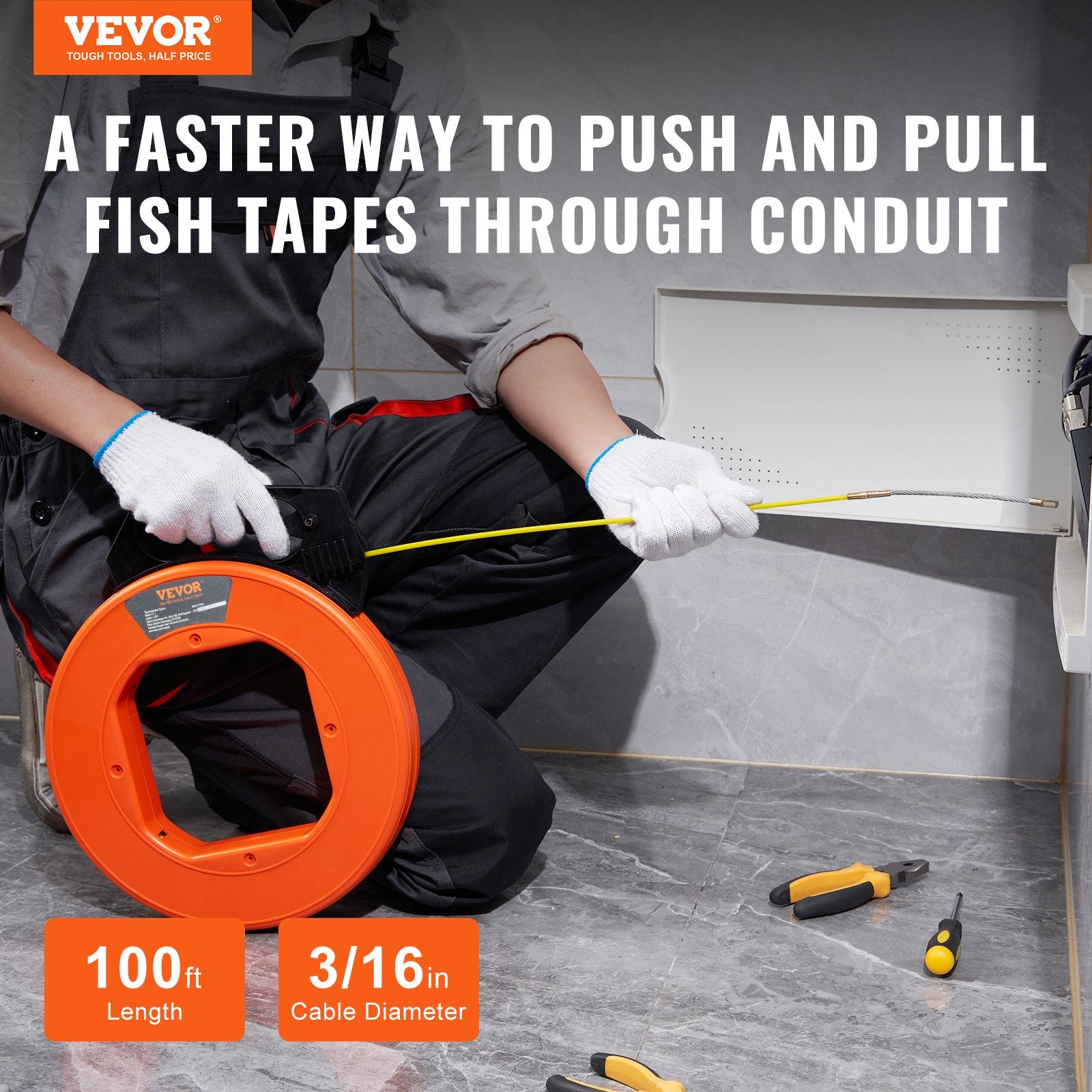 Fish Tape, 100 ft, 3/16-inch, Fiberglass Wire Puller with Optimized Housing and Handle, Easy-to-Use Cable Puller Tool, Flexible Wire Fishing Tools for Wall and Electrical Conduit, Non-Conductive - Image 2