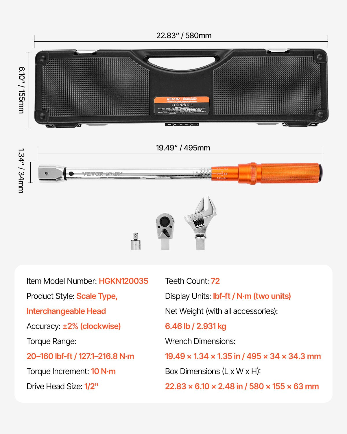 Adjustable Click Torque Wrench, 1/2 Inch Drive, 20-160 lbf-ft/27.1-216.8 N.m, Dual-direction and Dual Range Scales, 72-Tooth, ±2% Precision, with Adapter Interchangeable Jaw and Ratchet Head - Image 7
