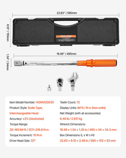 Adjustable Click Torque Wrench, 1/2 Inch Drive, 20-160 lbf-ft/27.1-216.8 N.m, Dual-direction and Dual Range Scales, 72-Tooth, ±2% Precision, with Adapter Interchangeable Jaw and Ratchet Head - Image 7