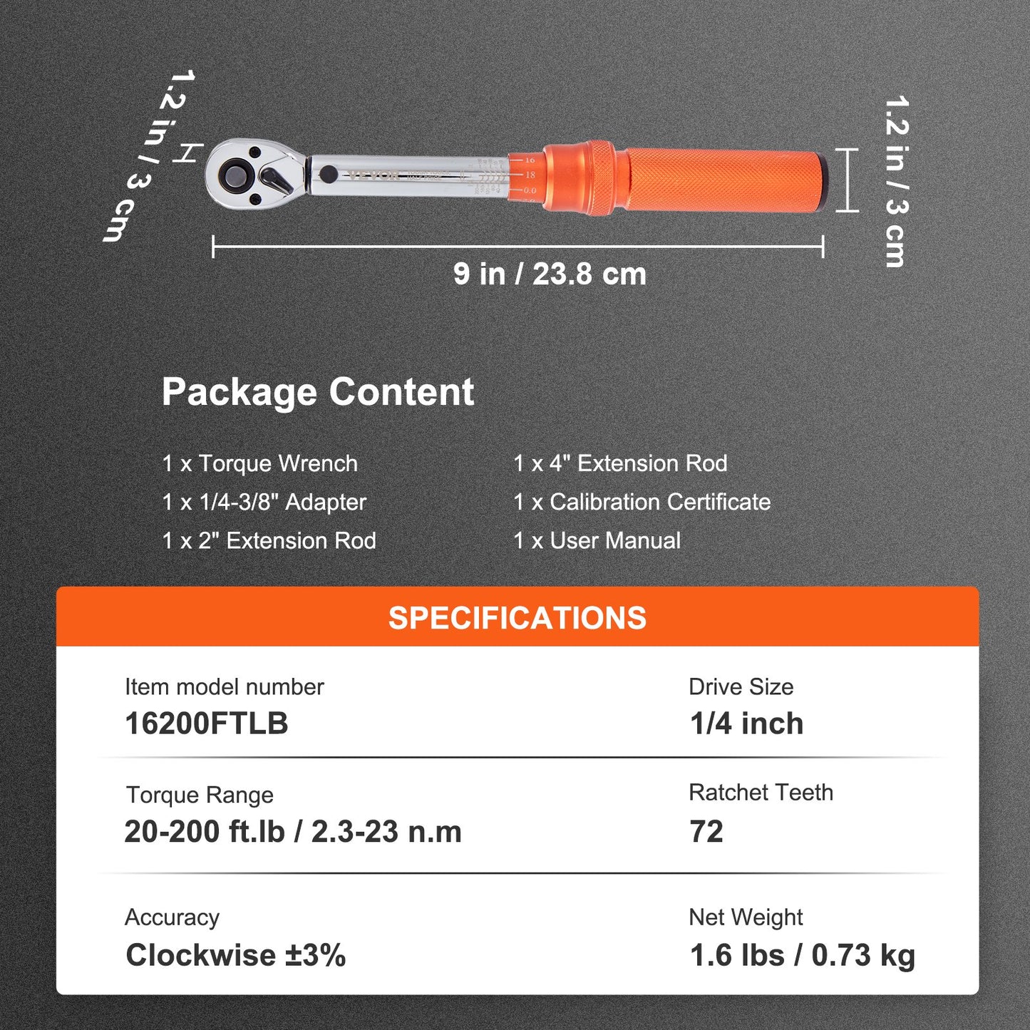 Torque Wrench Adjustable Torque Wrench 1/4" Drive 20-200in.lb/2.3-23Nm - Image 7