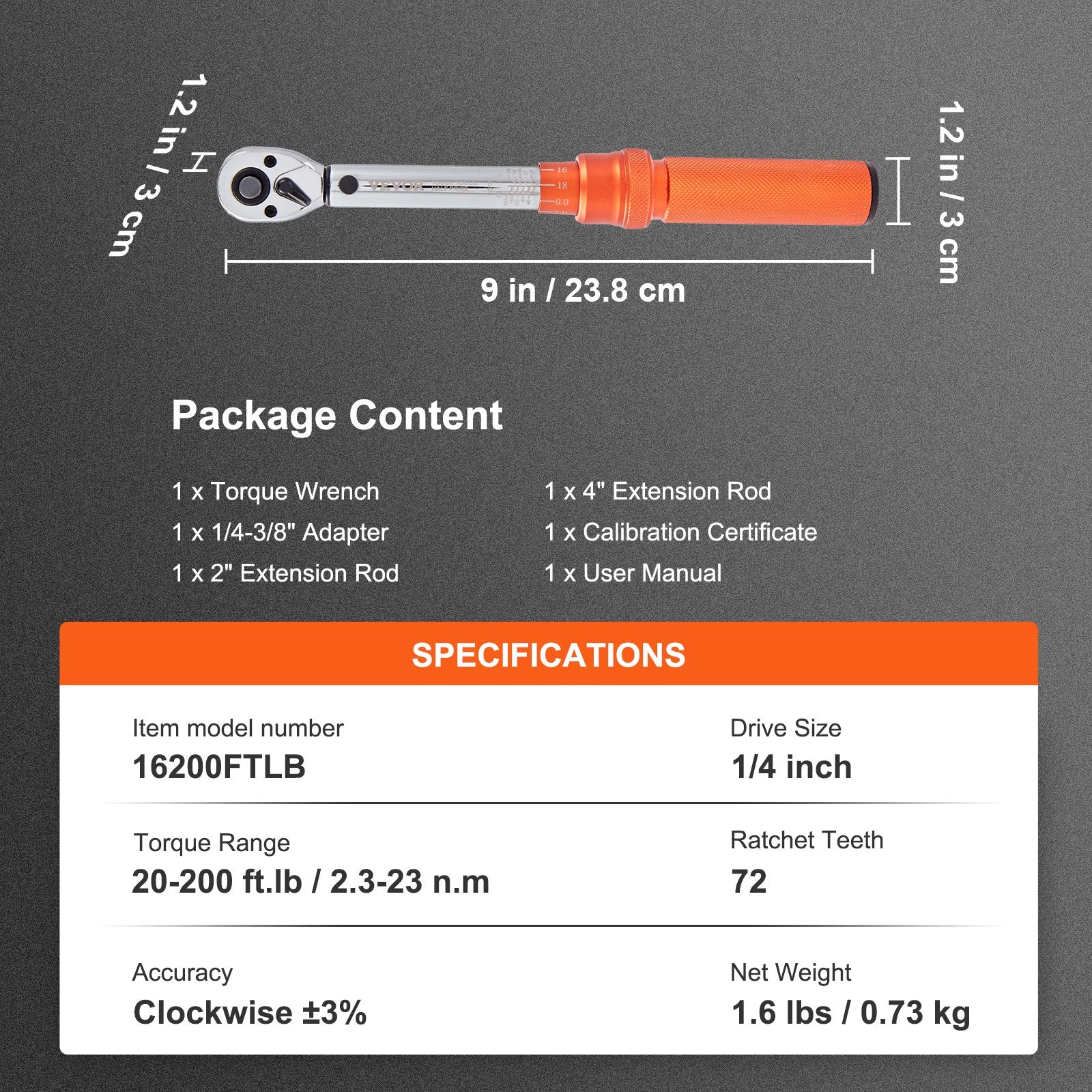 Torque Wrench Adjustable Torque Wrench 1/4" Drive 20-200in.lb/2.3-23Nm - Image 7