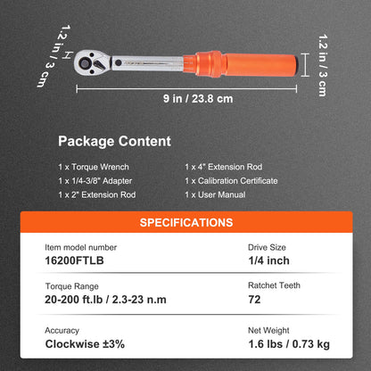 Torque Wrench Adjustable Torque Wrench 1/4" Drive 20-200in.lb/2.3-23Nm - Image 7