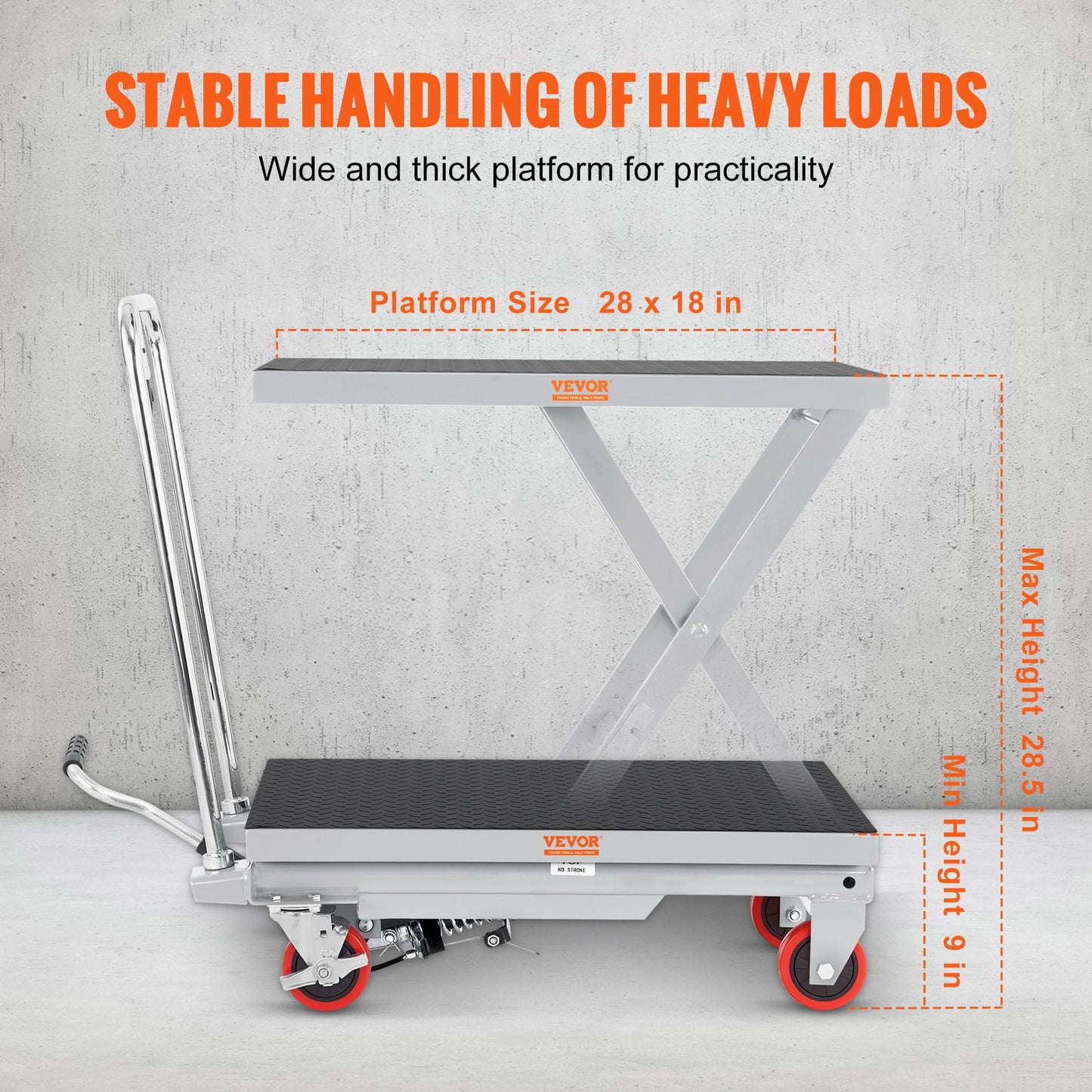 Hydraulic Lift Table Cart, 500lbs Capacity 28.5" Lifting Height, Manual Single Scissor Lift Table with 4 Wheels and Non-slip Pad, Hydraulic Scissor Cart for Material Handling, Gray - Image 3