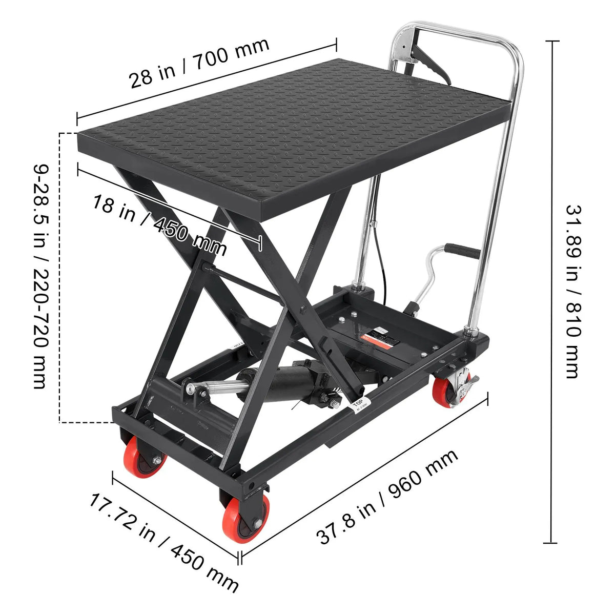 Hydraulic Lift Table Cart, 330lbs Capacity 28.5" Lifting Height, Manual Single Scissor Lift Table with 4 Wheels and Non-slip Pad, Hydraulic Scissor Cart for Material Handling, Black - Image 8