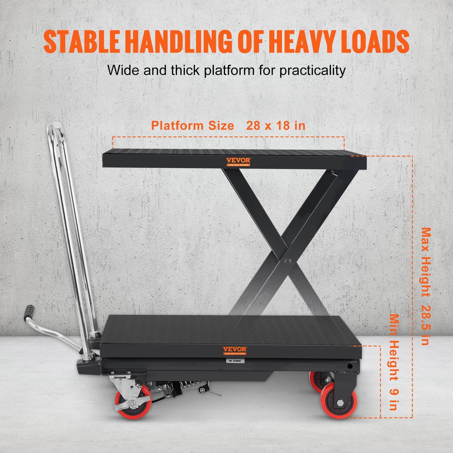 Hydraulic Lift Table Cart, 330lbs Capacity 28.5" Lifting Height, Manual Single Scissor Lift Table with 4 Wheels and Non-slip Pad, Hydraulic Scissor Cart for Material Handling, Black - Image 3