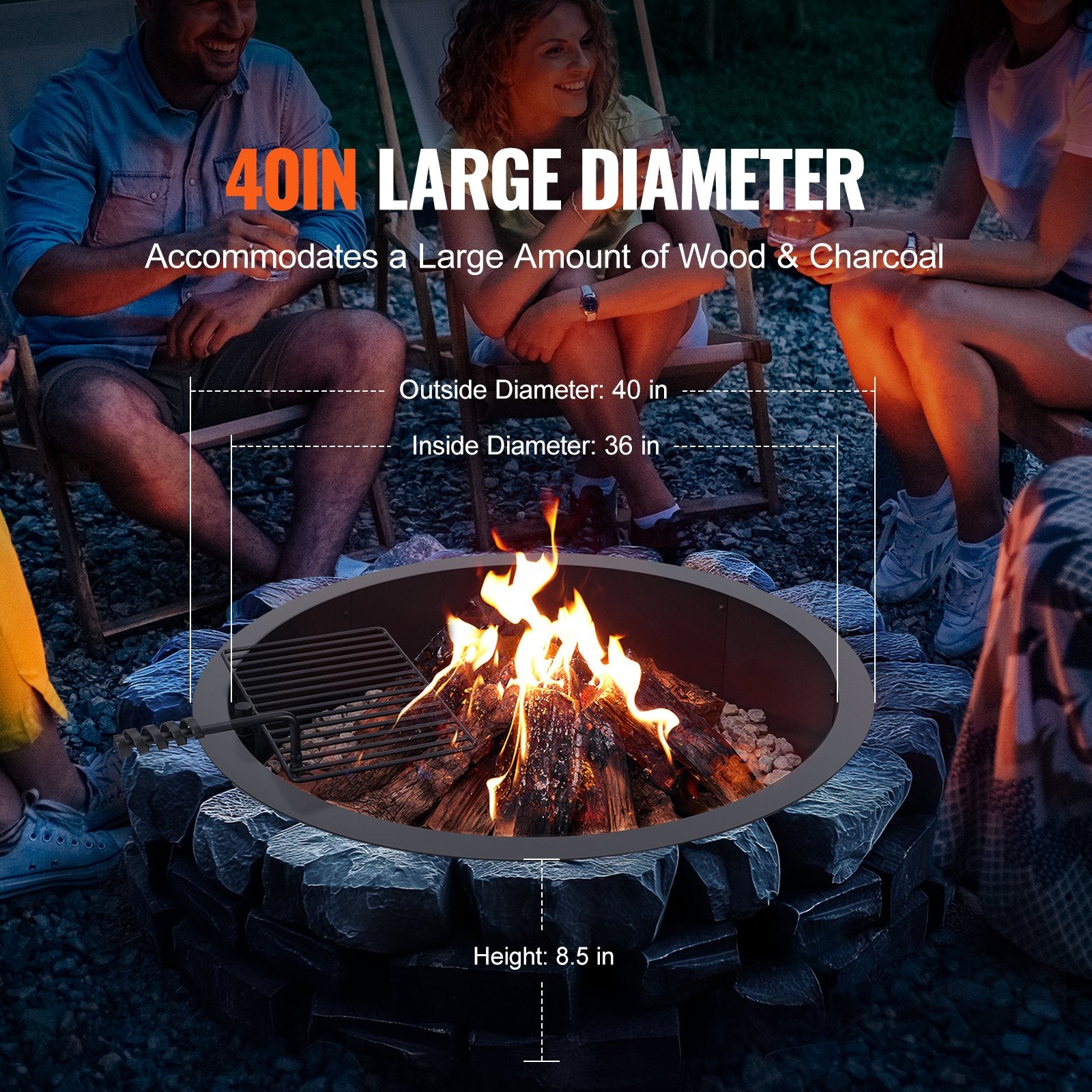 Fire Pit Ring, Fire Pit Insert with Barbecue Fire Ring, 40-In Outer/36-In Inner Diameter, 8.5in Height, Carbon Steel Liner DIY Campfire Ring above/In-Ground, for Outdoor Camping, Bonfires - Image 3