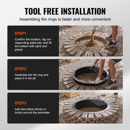 Fire Pit Ring, Fire Pit Insert with Barbecue Fire Ring, 40-In Outer/36-In Inner Diameter, 8.5in Height, Carbon Steel Liner DIY Campfire Ring above/In-Ground, for Outdoor Camping, Bonfires - Image 5
