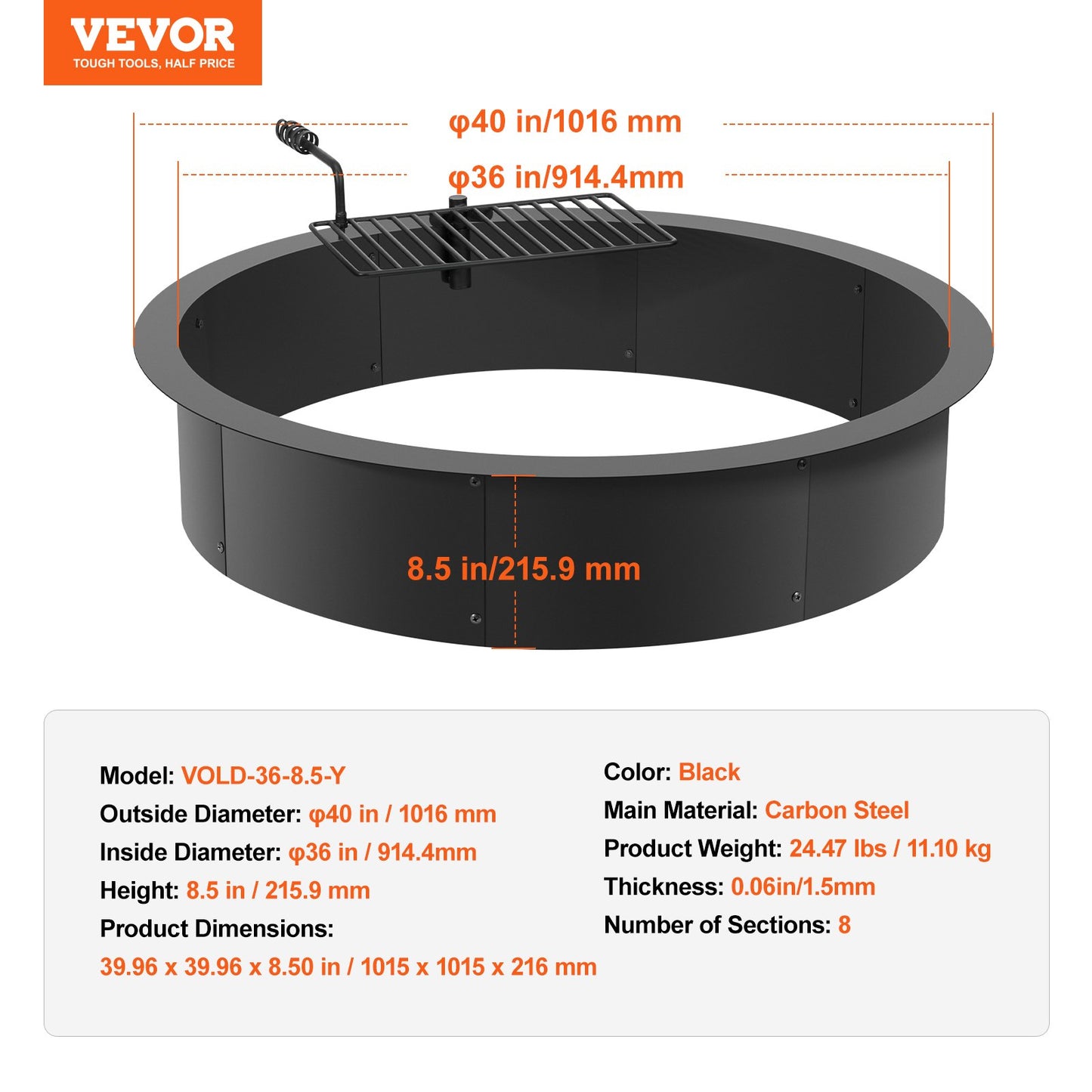 Fire Pit Ring, Fire Pit Insert with Barbecue Fire Ring, 40-In Outer/36-In Inner Diameter, 8.5in Height, Carbon Steel Liner DIY Campfire Ring above/In-Ground, for Outdoor Camping, Bonfires - Image 7