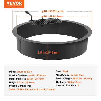 Fire Pit Ring, Fire Pit Insert with Barbecue Fire Ring, 40-In Outer/36-In Inner Diameter, 8.5in Height, Carbon Steel Liner DIY Campfire Ring above/In-Ground, for Outdoor Camping, Bonfires - Image 7