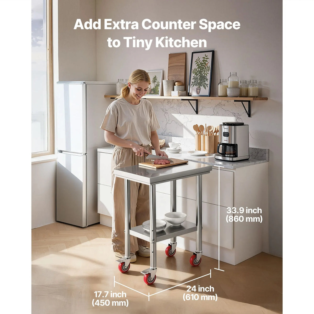 Stainless Steel Table, 61 x 45 cm Food Prep Worktable with Wheels, Kitchen Prep Table with Adjustable Undershelf Workstations for Commercial Kitchen, Restaurant, Hotel and Garage, Outdoor - Image 2