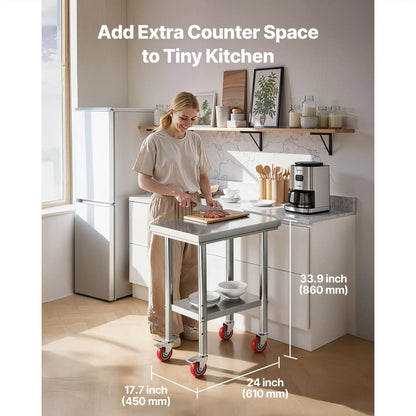 Stainless Steel Table, 61 x 45 cm Food Prep Worktable with Wheels, Kitchen Prep Table with Adjustable Undershelf Workstations for Commercial Kitchen, Restaurant, Hotel and Garage, Outdoor - Image 2