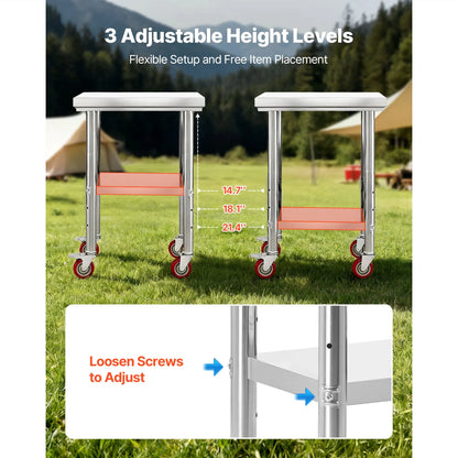 Stainless Steel Table, 61 x 45 cm Food Prep Worktable with Wheels, Kitchen Prep Table with Adjustable Undershelf Workstations for Commercial Kitchen, Restaurant, Hotel and Garage, Outdoor - Image 6