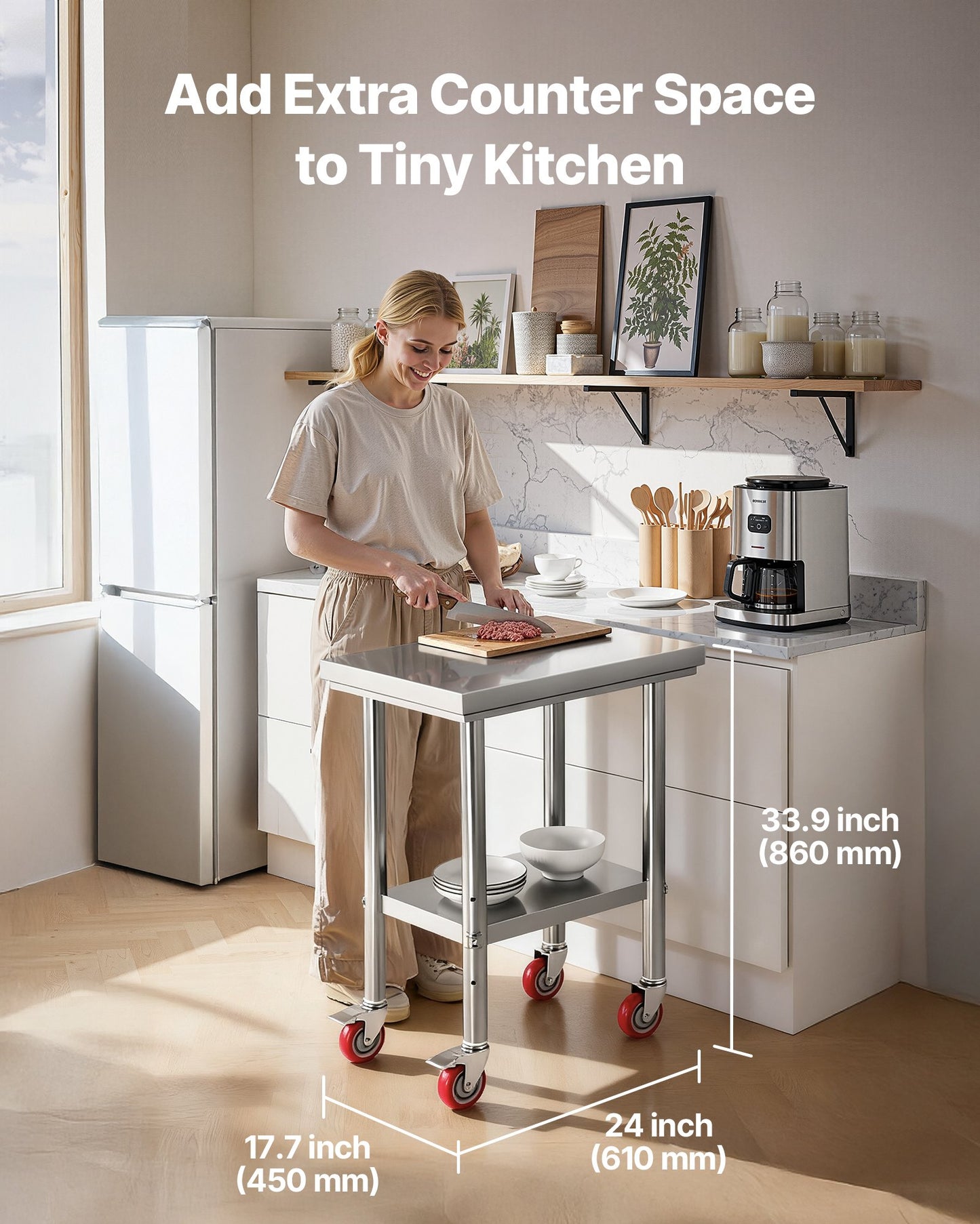Stainless Steel Table, 61 x 45 cm Food Prep Worktable with Wheels, Kitchen Prep Table with Adjustable Undershelf Workstations for Commercial Kitchen, Restaurant, Hotel and Garage, Outdoor - Image 2