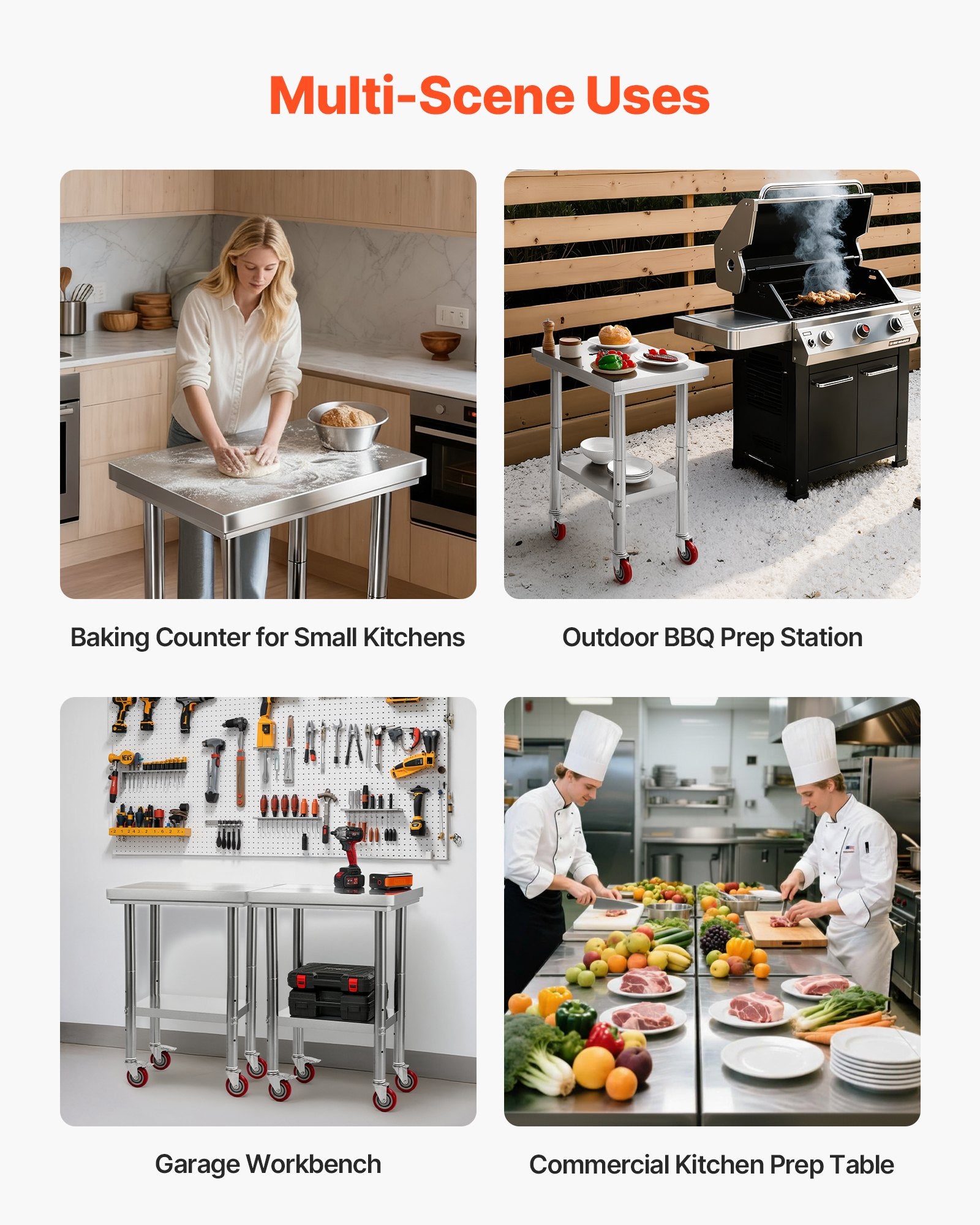 Stainless Steel Table, 61 x 45 cm Food Prep Worktable with Wheels, Kitchen Prep Table with Adjustable Undershelf Workstations for Commercial Kitchen, Restaurant, Hotel and Garage, Outdoor - Image 7