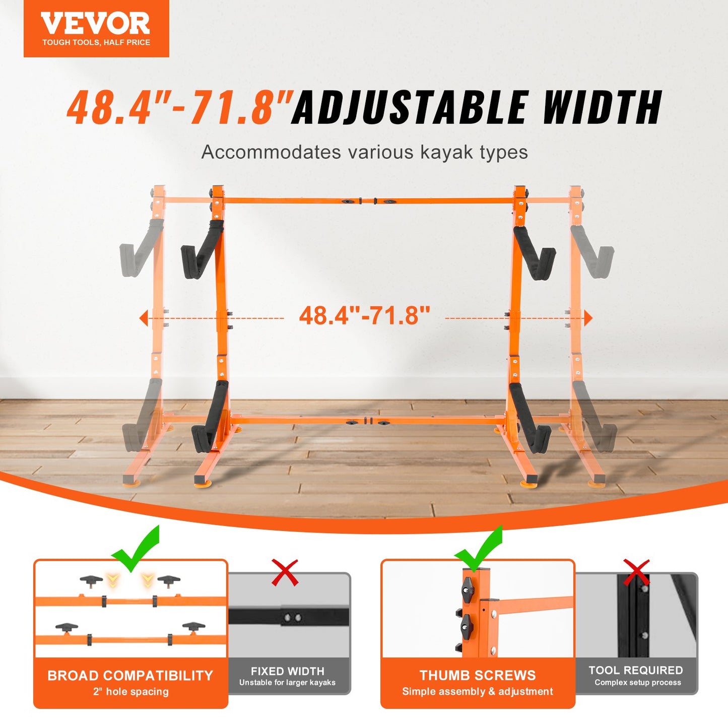 Freestanding Kayak Storage Rack, Kayak Stand for 2 Kayak Canoe Paddleboard, Heavy-duty Steel Kayak Hanger Holder with Padded Arms and Adjustable Width, 79.5kg Max Load, for Indoor Outdoor Garage - Image 2