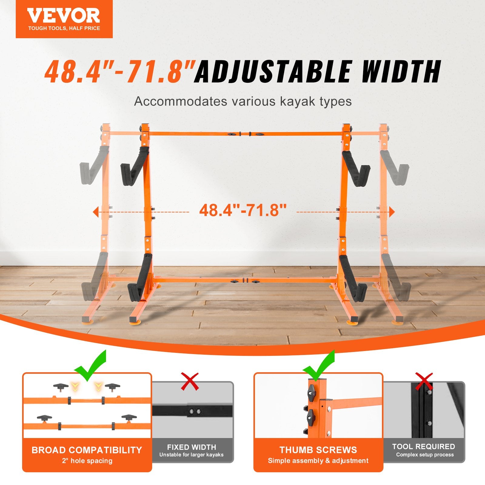Freestanding Kayak Storage Rack, Kayak Stand for 2 Kayak Canoe Paddleboard, Heavy-duty Steel Kayak Hanger Holder with Padded Arms and Adjustable Width, 79.5kg Max Load, for Indoor Outdoor Garage - Image 2