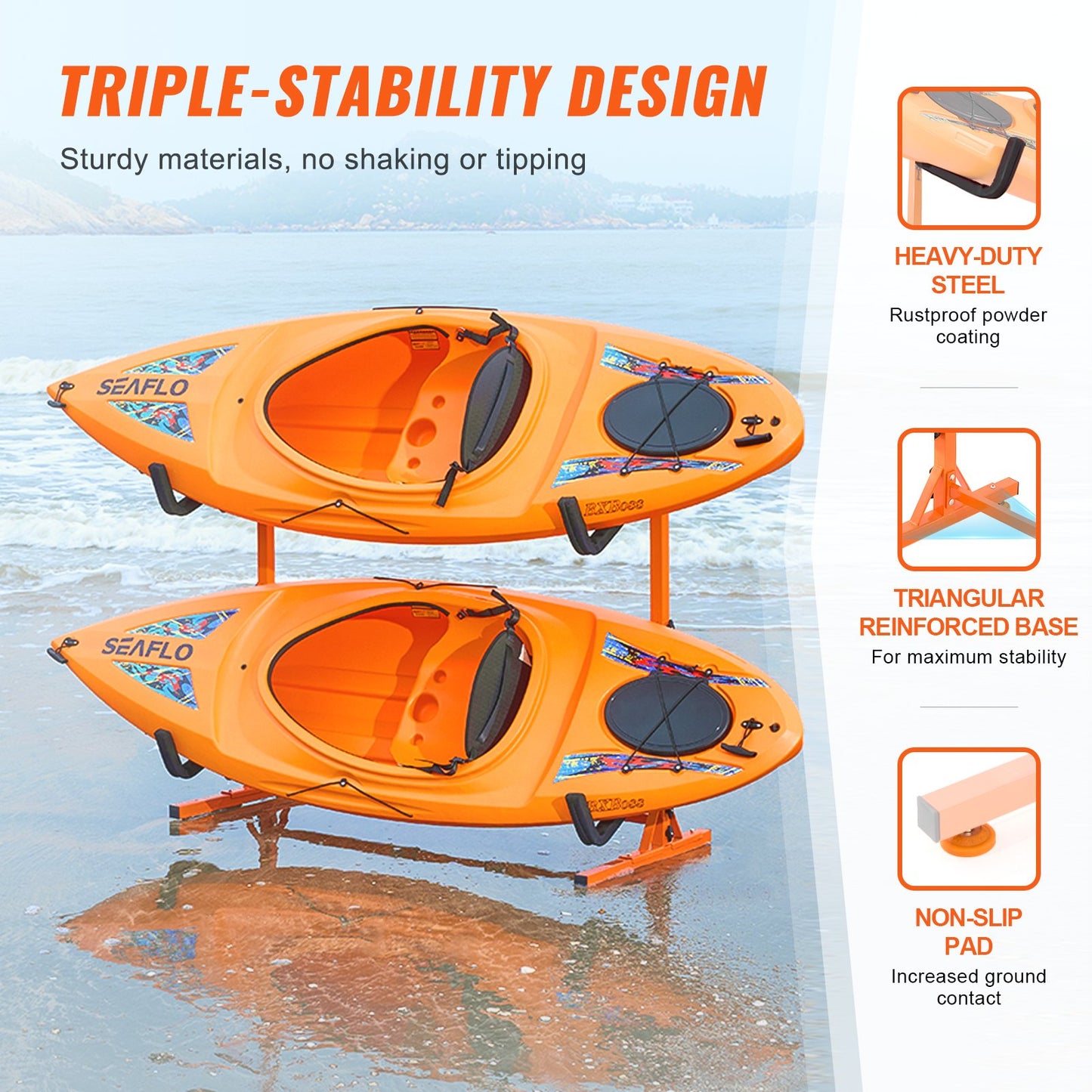 Freestanding Kayak Storage Rack, Kayak Stand for 2 Kayak Canoe Paddleboard, Heavy-duty Steel Kayak Hanger Holder with Padded Arms and Adjustable Width, 79.5kg Max Load, for Indoor Outdoor Garage - Image 3