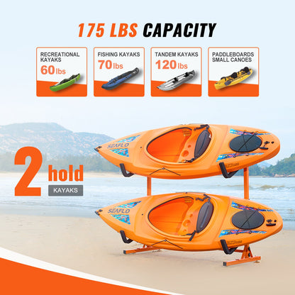 Freestanding Kayak Storage Rack, Kayak Stand for 2 Kayak Canoe Paddleboard, Heavy-duty Steel Kayak Hanger Holder with Padded Arms and Adjustable Width, 79.5kg Max Load, for Indoor Outdoor Garage - Image 5