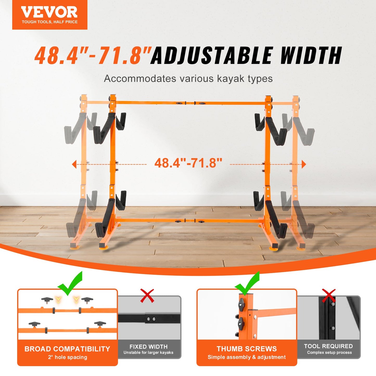 Freestanding Kayak Storage Rack, Kayak Stand for 4 Kayak Canoe Paddleboard, Heavy-duty Steel Kayak Hanger Holder with Padded Arms and Adjustable Width, 100 kg Max Load, for Indoor Outdoor Garage - Image 2