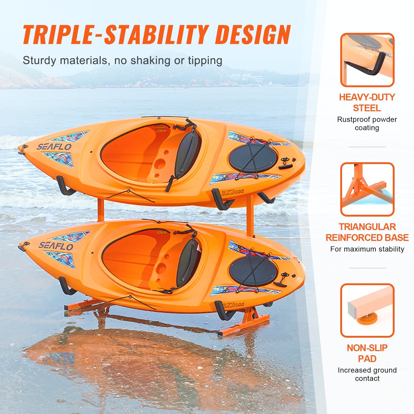 Freestanding Kayak Storage Rack, Kayak Stand for 4 Kayak Canoe Paddleboard, Heavy-duty Steel Kayak Hanger Holder with Padded Arms and Adjustable Width, 100 kg Max Load, for Indoor Outdoor Garage - Image 3