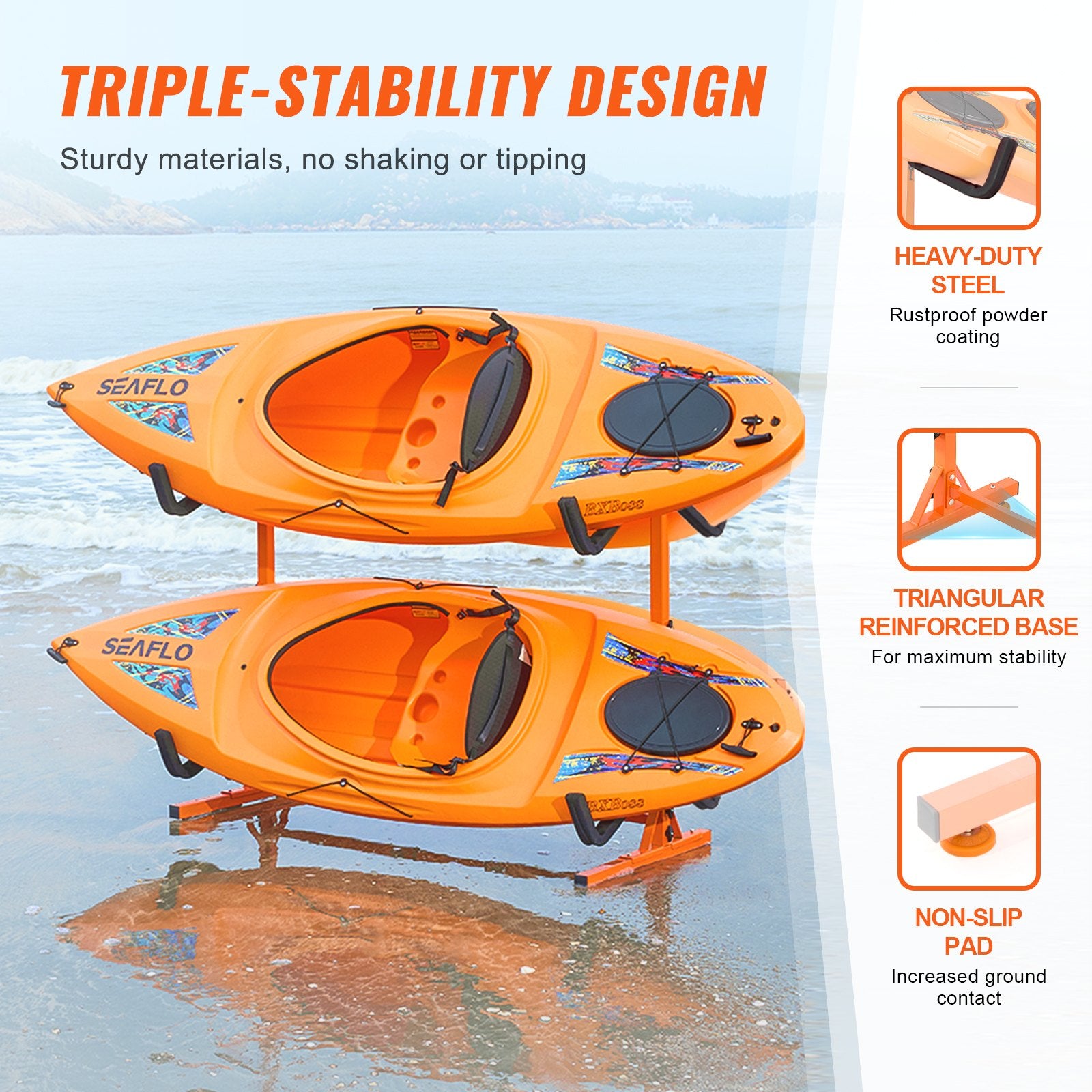 Freestanding Kayak Storage Rack, Kayak Stand for 4 Kayak Canoe Paddleboard, Heavy-duty Steel Kayak Hanger Holder with Padded Arms and Adjustable Width, 100 kg Max Load, for Indoor Outdoor Garage - Image 3