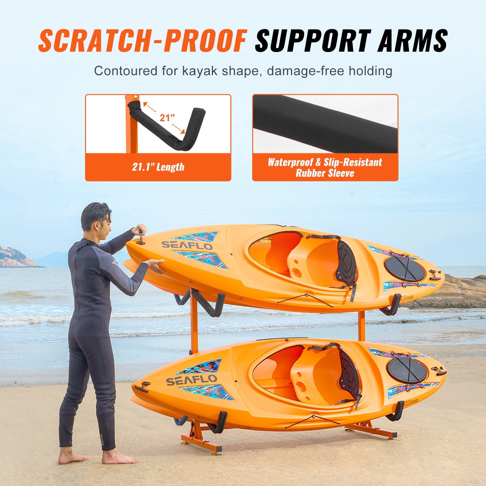 Freestanding Kayak Storage Rack, Kayak Stand for 4 Kayak Canoe Paddleboard, Heavy-duty Steel Kayak Hanger Holder with Padded Arms and Adjustable Width, 100 kg Max Load, for Indoor Outdoor Garage - Image 4