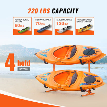 Freestanding Kayak Storage Rack, Kayak Stand for 4 Kayak Canoe Paddleboard, Heavy-duty Steel Kayak Hanger Holder with Padded Arms and Adjustable Width, 100 kg Max Load, for Indoor Outdoor Garage - Image 5
