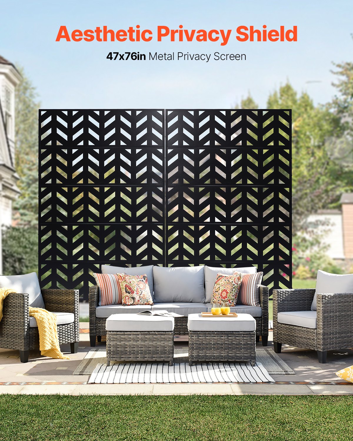 Metal Privacy Screen, 47" W x 72" H, Outdoor Privacy Screens 5-Panel, Freestanding Outdoor Divider with Stand, Decorative Garden Steel Privacy Fence for Balcony Patio Indoor Room Black - Image 2