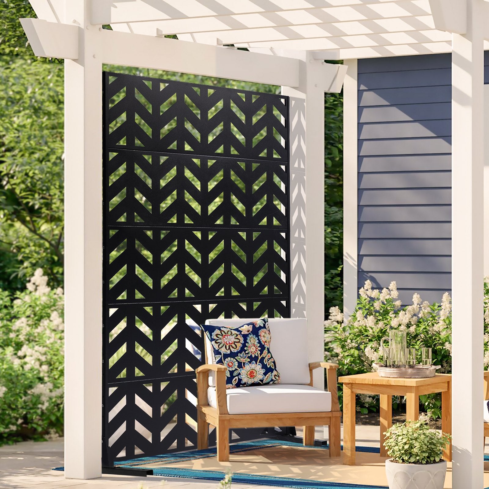 Metal Privacy Screen, 47" W x 72" H, Outdoor Privacy Screens 5-Panel, Freestanding Outdoor Divider with Stand, Decorative Garden Steel Privacy Fence for Balcony Patio Indoor Room Black - Image 8