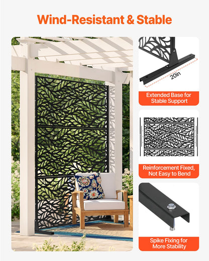 Metal Privacy Screen, 47" W x 72" H, Outdoor Privacy Screens & Panels, Freestanding Outdoor Divider with Stand, 3-Panel Decorative Garden Steel Privacy Fence for Balcony Patio Indoor Room Black - Image 3