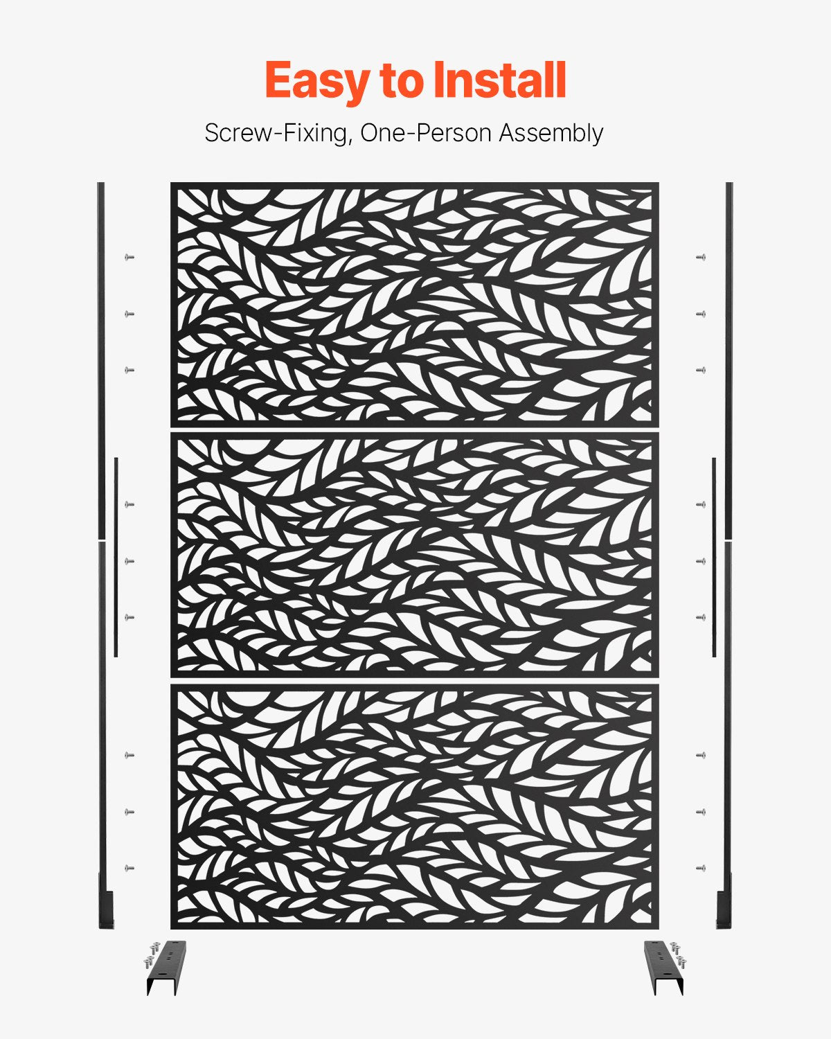 Metal Privacy Screen, 47" W x 72" H, Outdoor Privacy Screens & Panels, Freestanding Outdoor Divider with Stand, 3-Panel Decorative Garden Steel Privacy Fence for Balcony Patio Indoor Room Black - Image 5