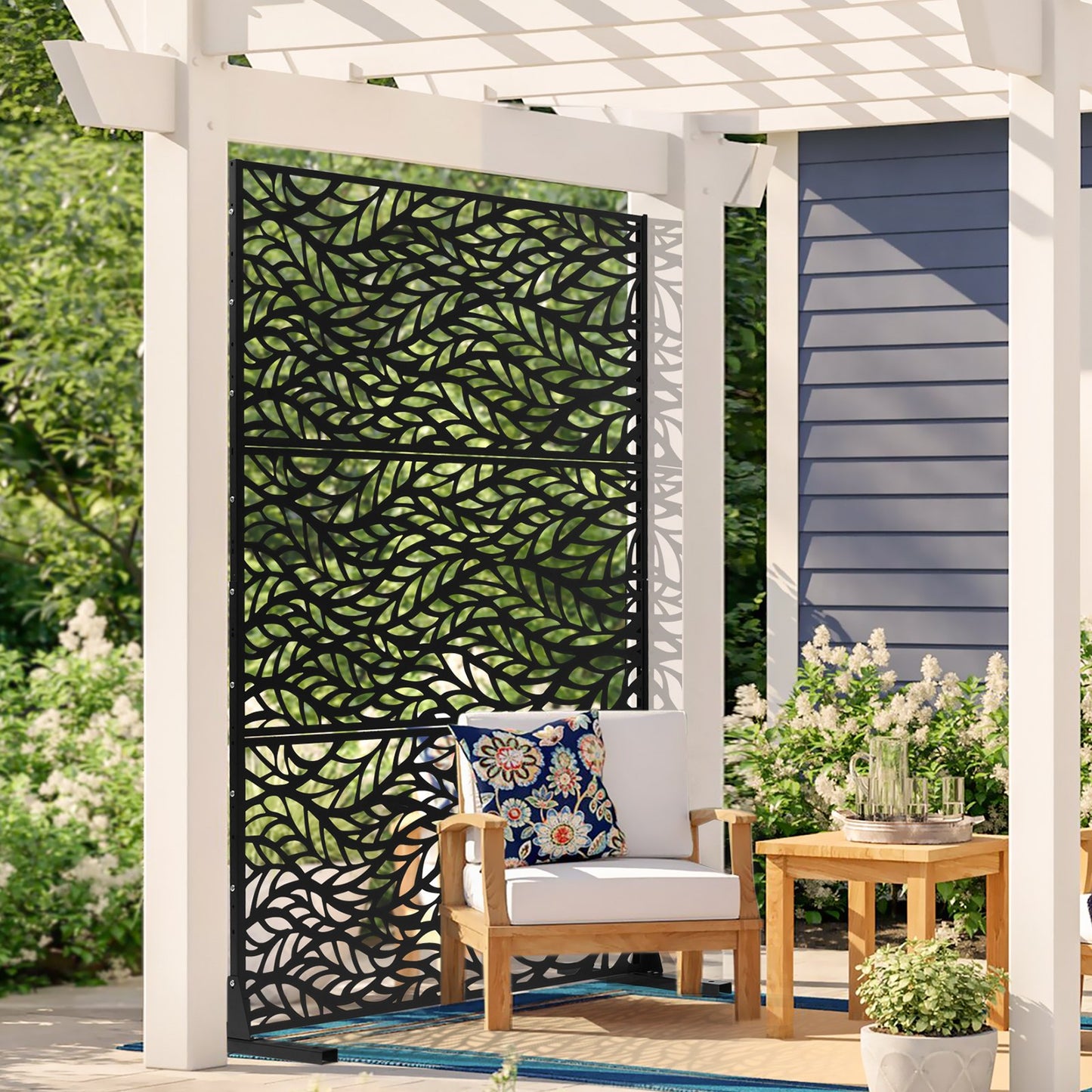 Metal Privacy Screen, 47" W x 72" H, Outdoor Privacy Screens & Panels, Freestanding Outdoor Divider with Stand, 3-Panel Decorative Garden Steel Privacy Fence for Balcony Patio Indoor Room Black - Image 8