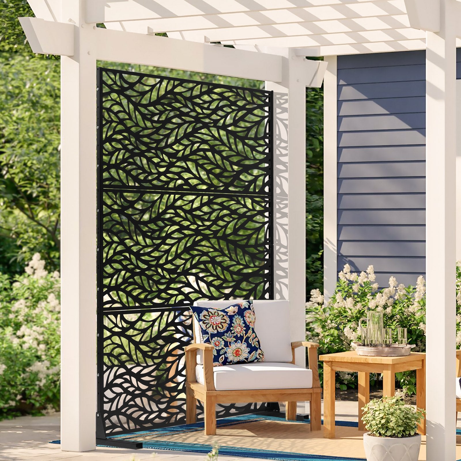 Metal Privacy Screen, 47" W x 72" H, Outdoor Privacy Screens & Panels, Freestanding Outdoor Divider with Stand, 3-Panel Decorative Garden Steel Privacy Fence for Balcony Patio Indoor Room Black - Image 8
