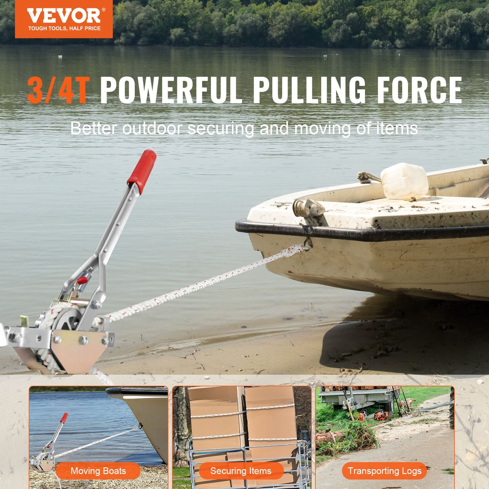 Rope Puller, 3/4 Ton Pulling Capacity, with 30.48 m of 15 mm dia. Rope, 2 Hook, Come Along Winch, Heavy Duty Ratchet Power Puller Tool for Moving Boats, Securing Items, Transporting Logs - Image 2