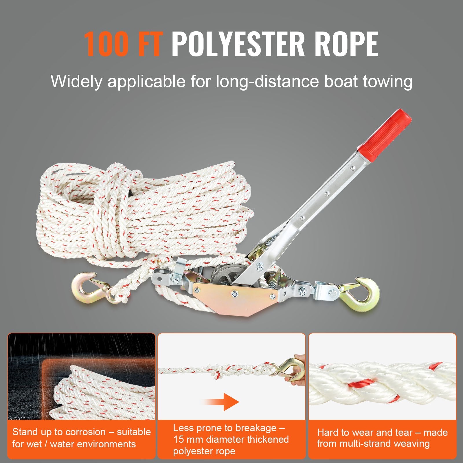 Rope Puller, 3/4 Ton Pulling Capacity, with 30.48 m of 15 mm dia. Rope, 2 Hook, Come Along Winch, Heavy Duty Ratchet Power Puller Tool for Moving Boats, Securing Items, Transporting Logs - Image 3