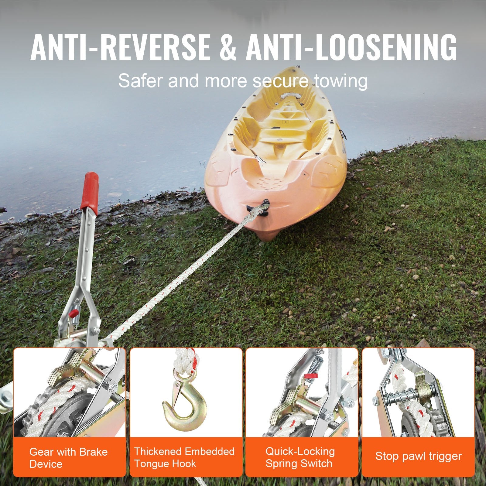 Rope Puller, 3/4 Ton Pulling Capacity, with 30.48 m of 15 mm dia. Rope, 2 Hook, Come Along Winch, Heavy Duty Ratchet Power Puller Tool for Moving Boats, Securing Items, Transporting Logs - Image 5