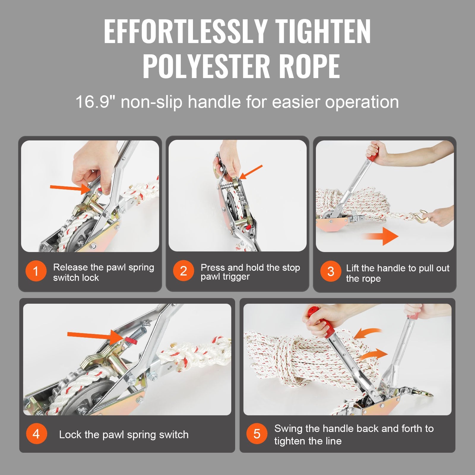 Rope Puller, 3/4 Ton Pulling Capacity, with 30.48 m of 15 mm dia. Rope, 2 Hook, Come Along Winch, Heavy Duty Ratchet Power Puller Tool for Moving Boats, Securing Items, Transporting Logs - Image 6