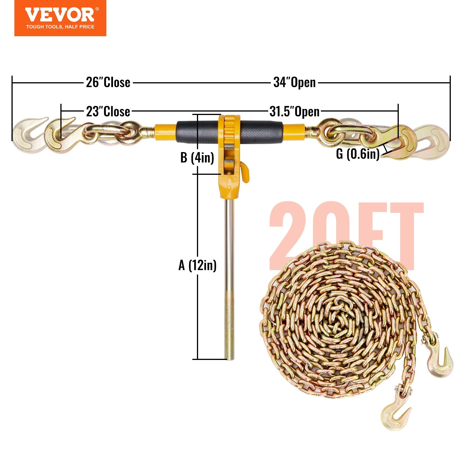 Ratchet Chain Binder 3/8"-1/2" Load Binders 12000 lbs w/ G80 Chains 4 Pcs - Image 7