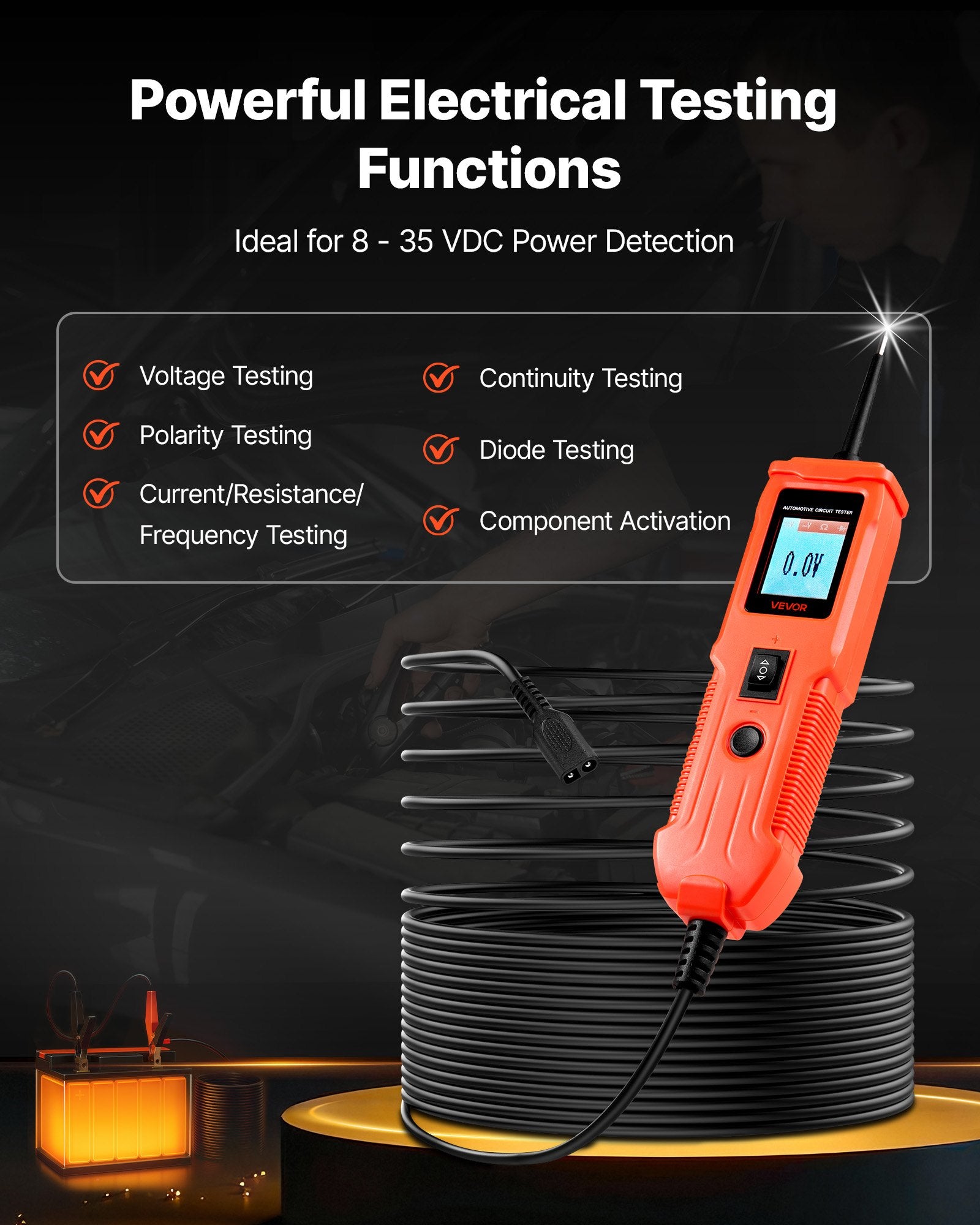 Automotive Circuit Tester, 8 - 35 DCV Power Circuit Probe Tester with TFT Color Display and Lighting, Automotive Power Tester Probe with 13 ft / 4 m Cable, ABS Shell Electrical Detector Finder - Image 2