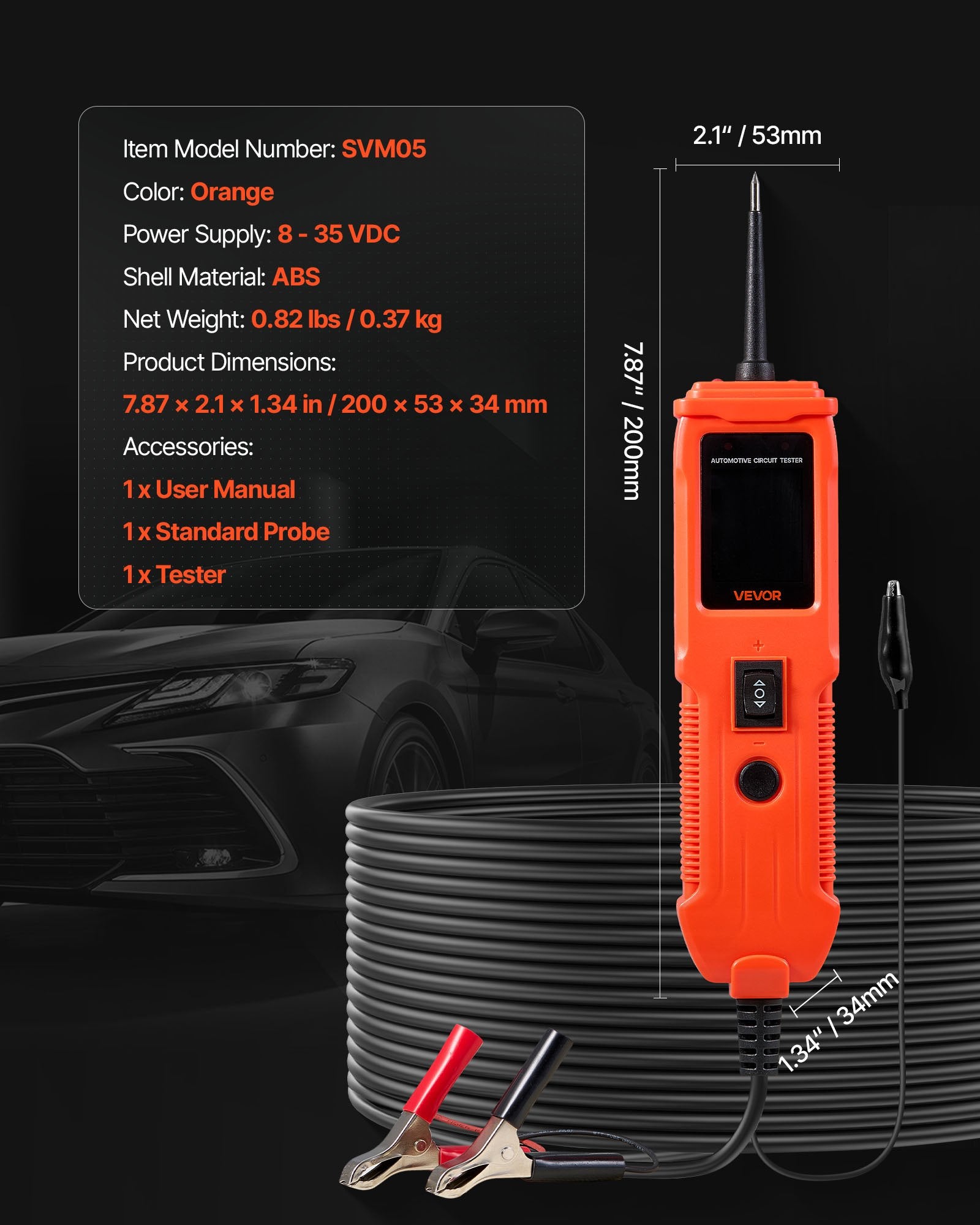 Automotive Circuit Tester, 8 - 35 DCV Power Circuit Probe Tester with TFT Color Display and Lighting, Automotive Power Tester Probe with 13 ft / 4 m Cable, ABS Shell Electrical Detector Finder - Image 7