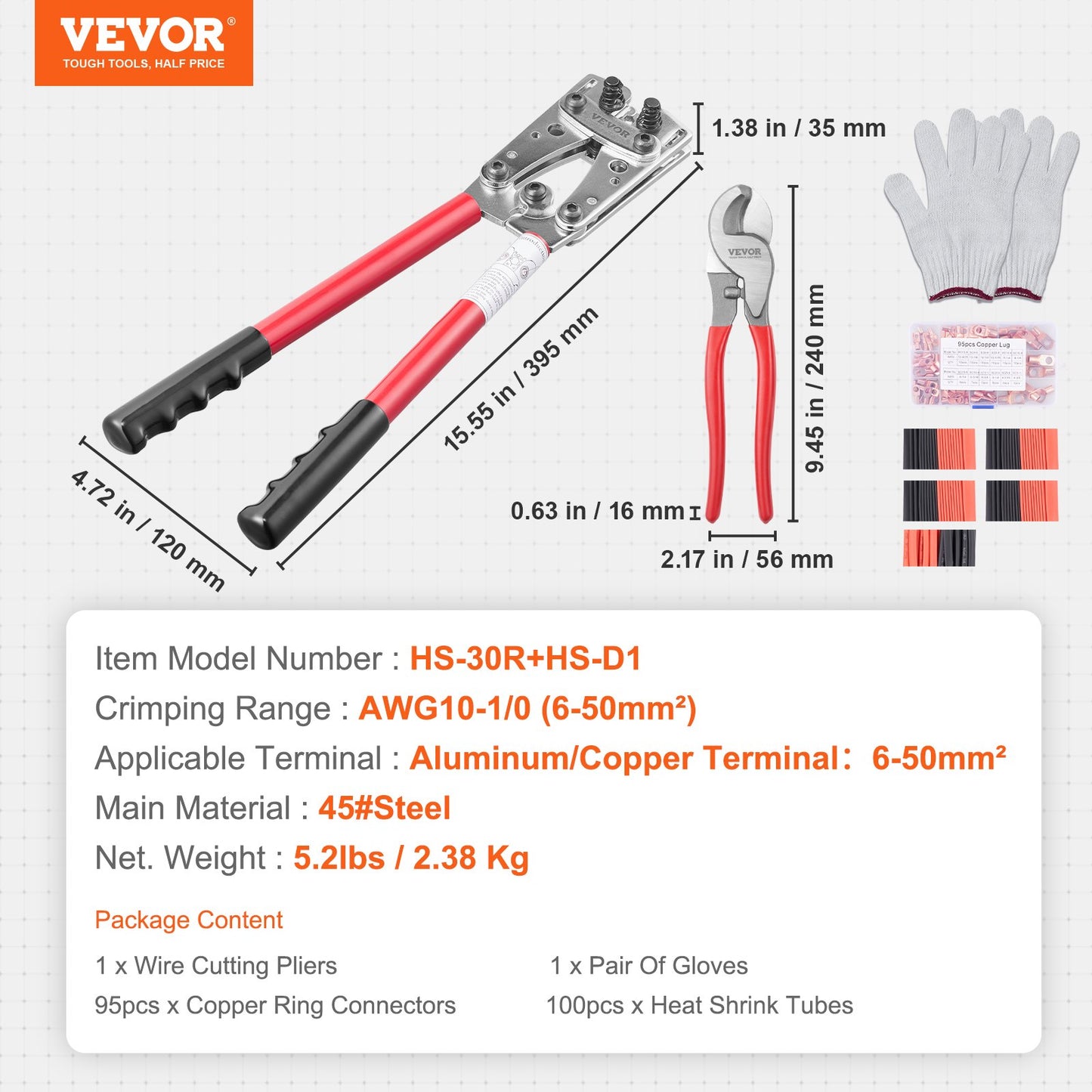 Battery Cable Lug Crimping Tool, 10-1/0AWG with Cable Cutter and 95PCS Copper Ring Terminals, 6 Wire Sizes Crimping Die and 100pcs Heat Shrink Tubes, for Heavy Duty Wire Lugs - Image 7