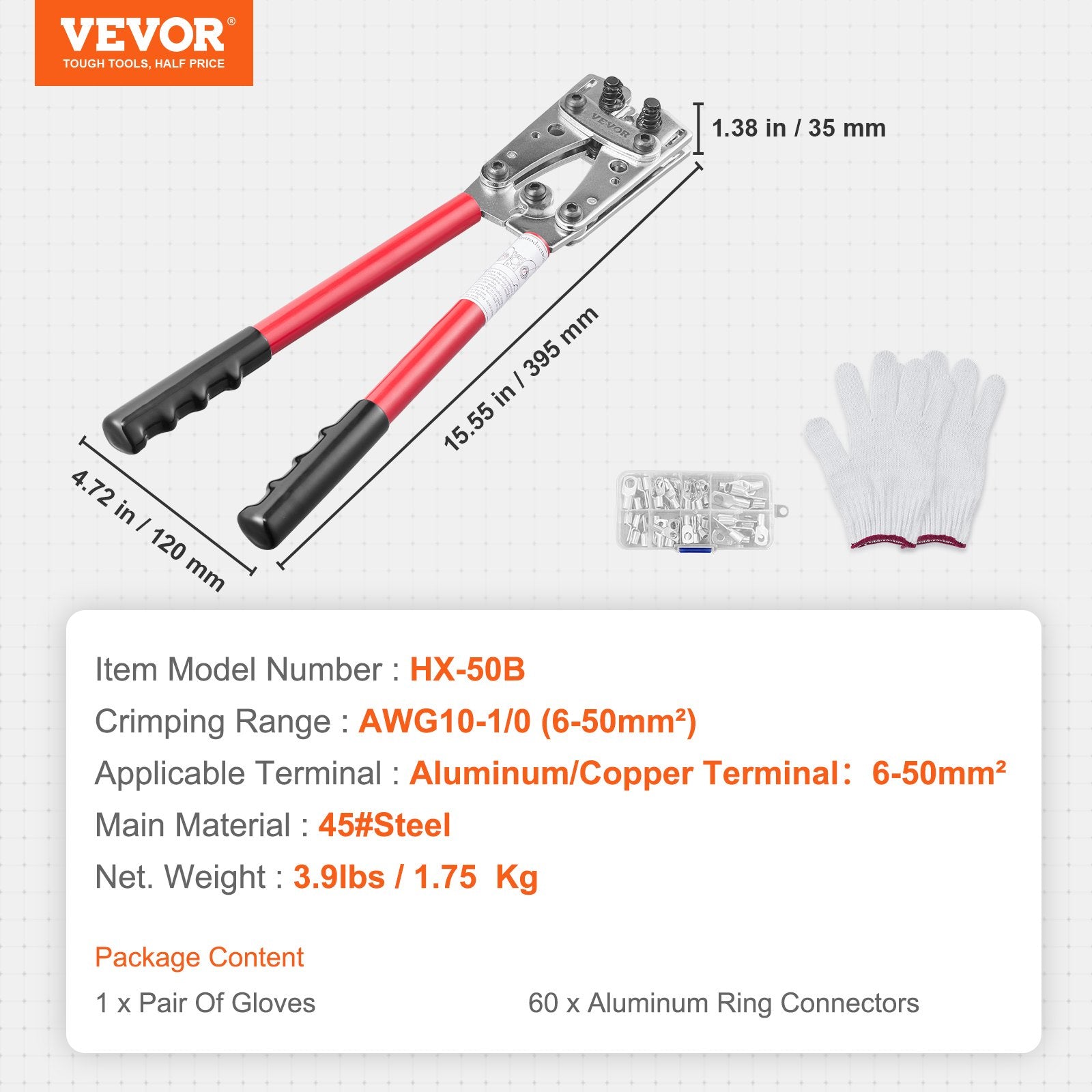 Battery Cable Lug Crimping Tool, 10-1/0AWG Aluminum Terminal Battery Lug Crimper, with 60PCS Aluminum Ring Connectors Terminals 6 Wire Sizes Crimping Die, for Heavy Duty Wire Lugs - Image 7
