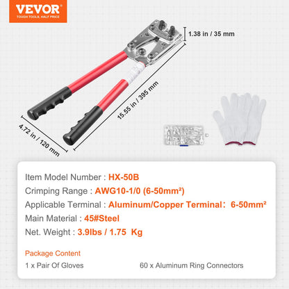 Battery Cable Lug Crimping Tool, 10-1/0AWG Aluminum Terminal Battery Lug Crimper, with 60PCS Aluminum Ring Connectors Terminals 6 Wire Sizes Crimping Die, for Heavy Duty Wire Lugs - Image 7
