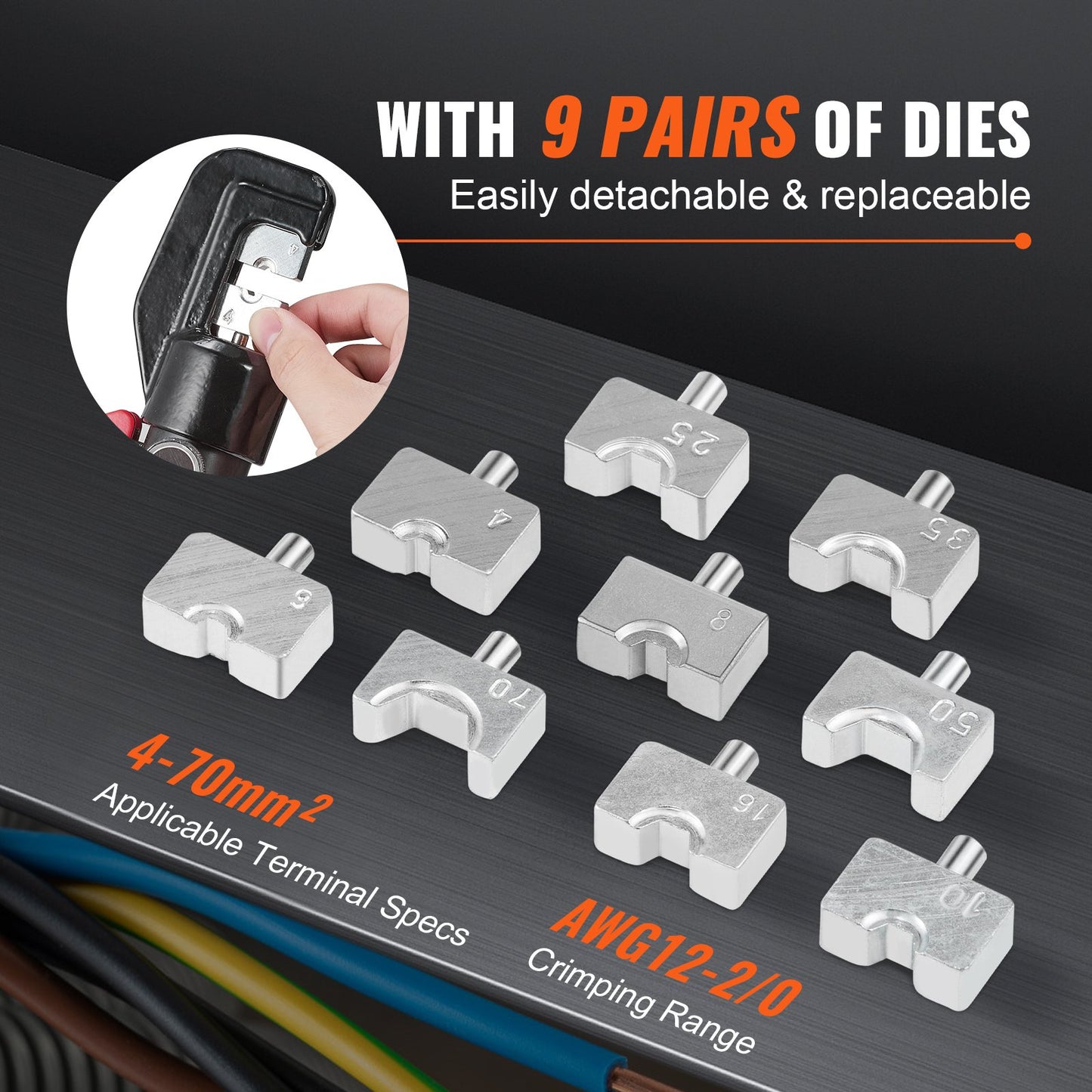 Hydraulic Crimping Tool with 9 Sets of Dies AWG12-2/0 Copper And Aluminum Terminal Battery Lug Crimper, with a Cutting Pliers, Gloves, 5pcs Copper Ring Connectors, 8pcs Heat Shrink Sleeves - Image 3