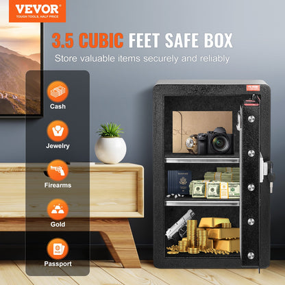 Single Door 3.5 cu.ft Safe Box with Key Lock & Password, Safe Lock Box with Fireproof Bag, Key Rack, LED Light, and 2 Shelves for Money, Documents, Jewelry, and Valuables, Black - Image 2