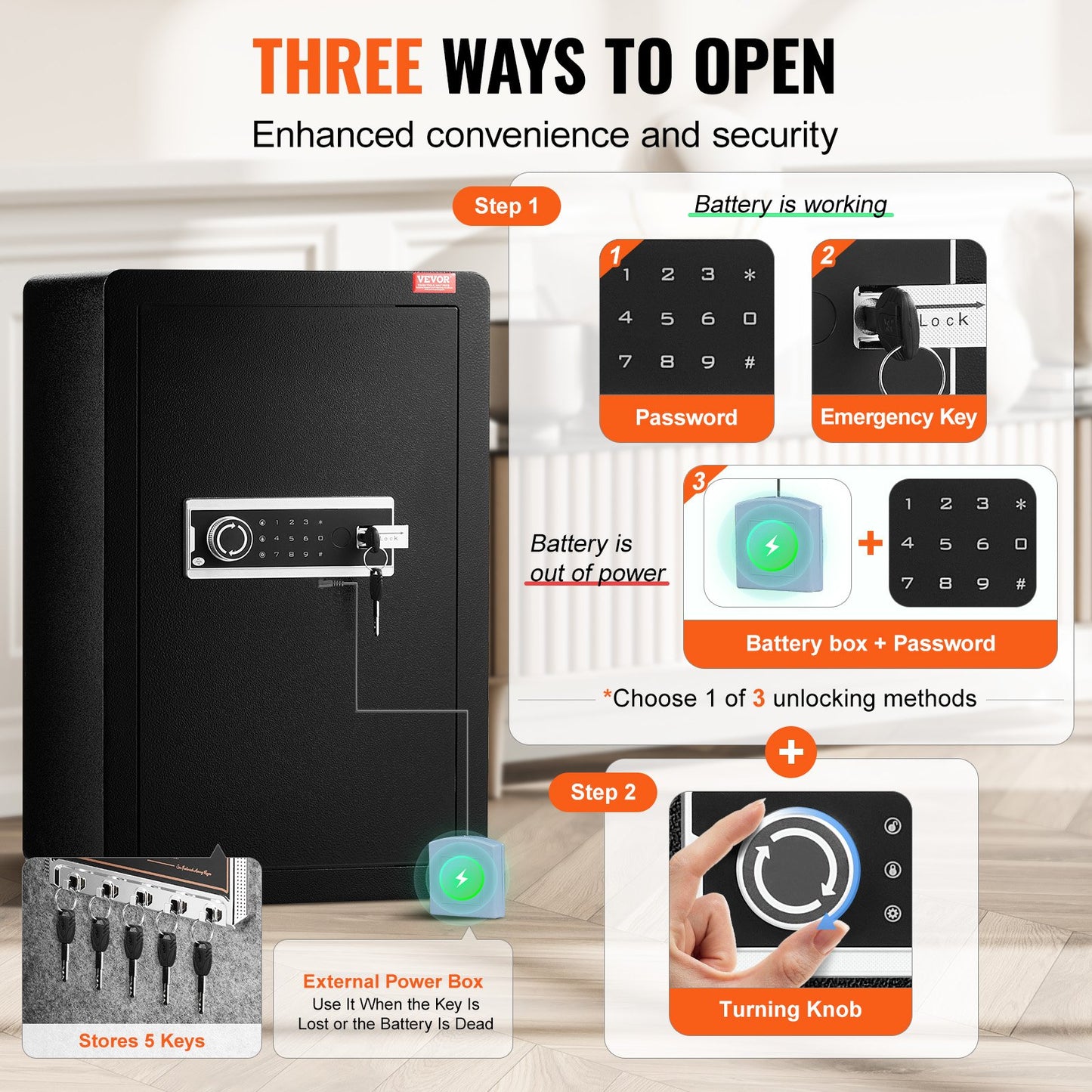 Single Door 3.5 cu.ft Safe Box with Key Lock & Password, Safe Lock Box with Fireproof Bag, Key Rack, LED Light, and 2 Shelves for Money, Documents, Jewelry, and Valuables, Black - Image 3