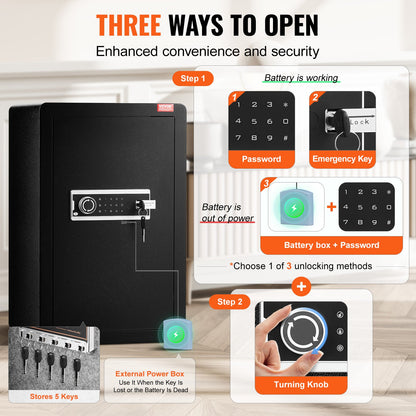 Single Door 3.5 cu.ft Safe Box with Key Lock & Password, Safe Lock Box with Fireproof Bag, Key Rack, LED Light, and 2 Shelves for Money, Documents, Jewelry, and Valuables, Black - Image 3