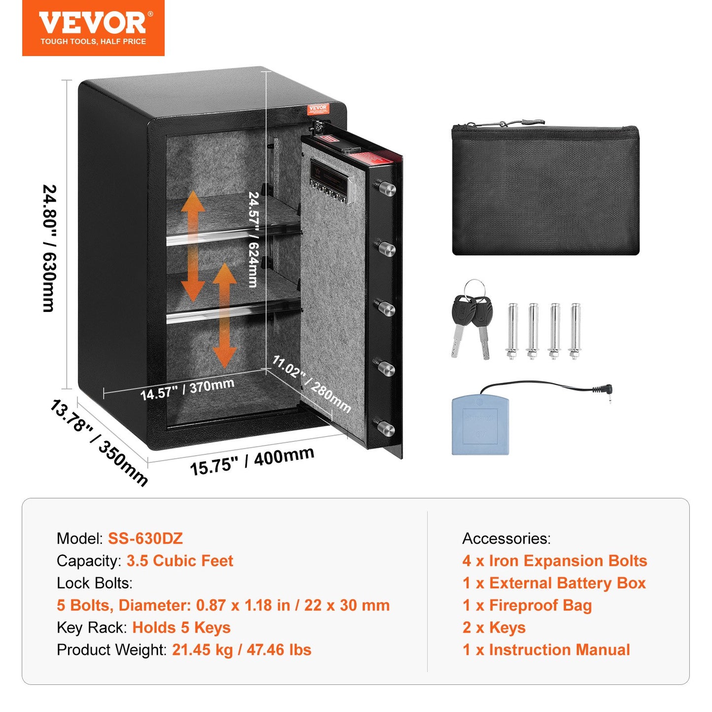 Single Door 3.5 cu.ft Safe Box with Key Lock & Password, Safe Lock Box with Fireproof Bag, Key Rack, LED Light, and 2 Shelves for Money, Documents, Jewelry, and Valuables, Black - Image 7