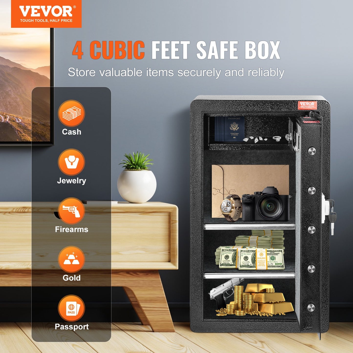 Single Door 4.0 cu.ft Safe Box with Key Lock & Password, Safe Lock Box with Fireproof Bag, Key Rack, LED Light, 2 Shelves, and 1 Cabinet for Money, Documents, Jewelry, and Valuables, Black - Image 2
