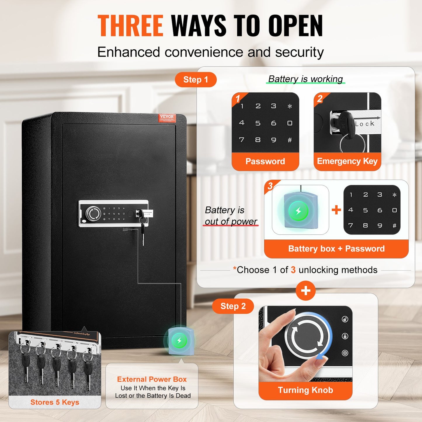 Single Door 4.0 cu.ft Safe Box with Key Lock & Password, Safe Lock Box with Fireproof Bag, Key Rack, LED Light, 2 Shelves, and 1 Cabinet for Money, Documents, Jewelry, and Valuables, Black - Image 3